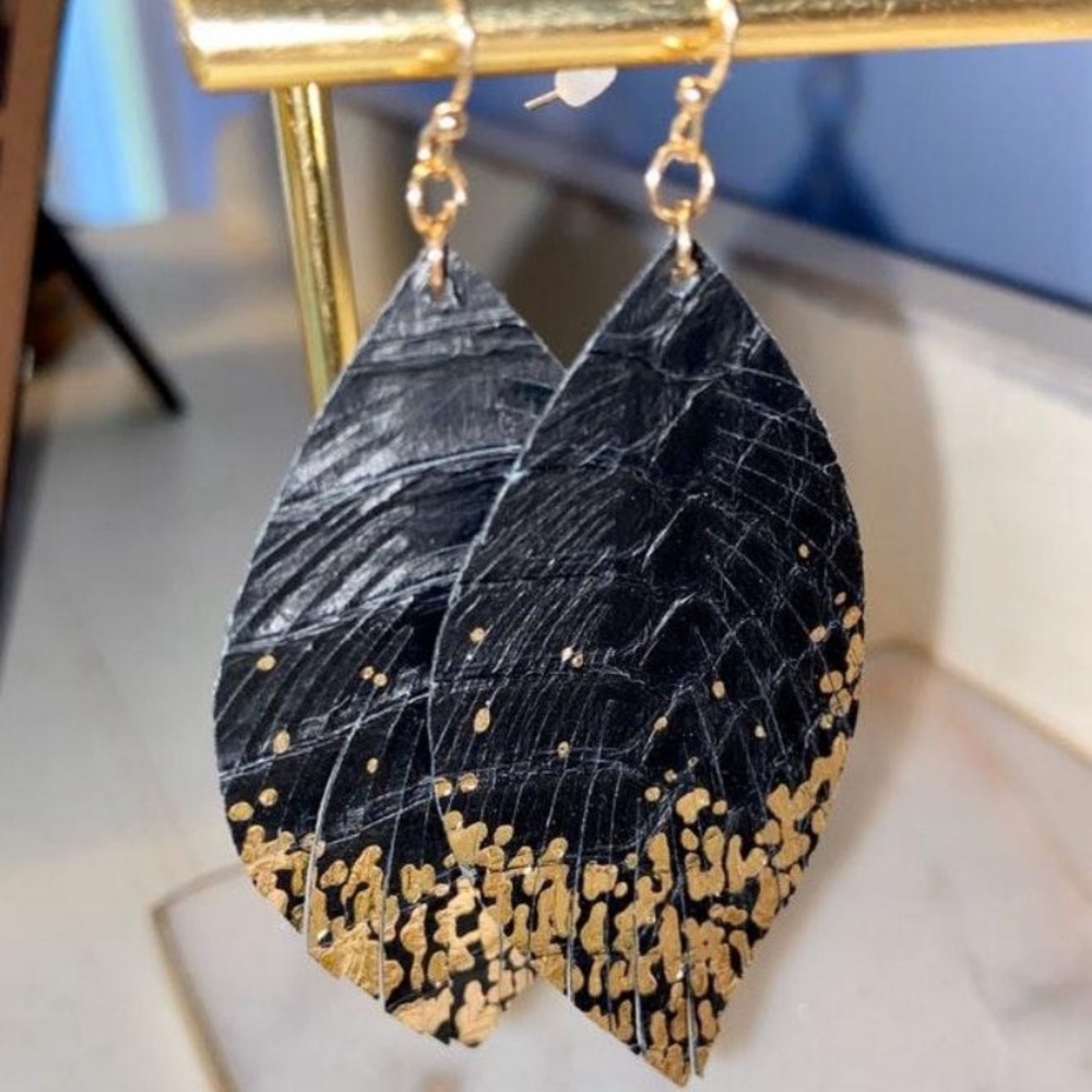 Black and gold leaf earrings